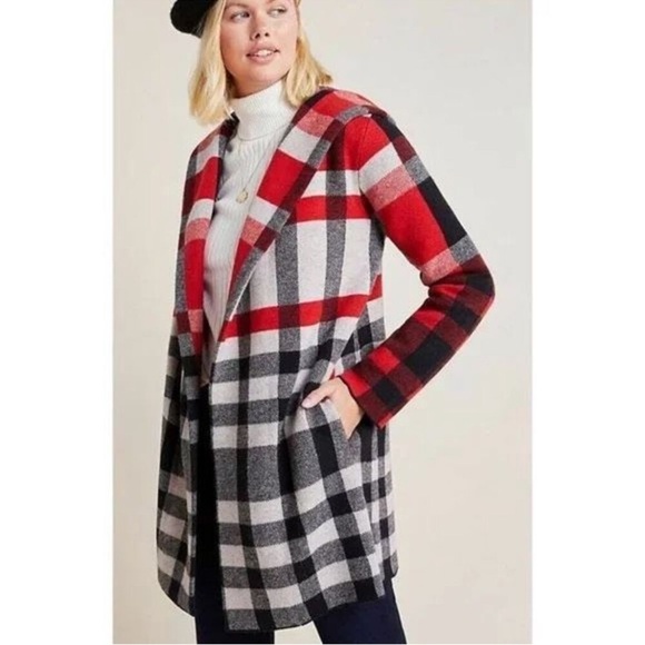 Anthropologie Jackets & Blazers - NWOT Anthropologie Field Flower Wool Plaid Sweater Cardigan Hoodie Coat Sz XS